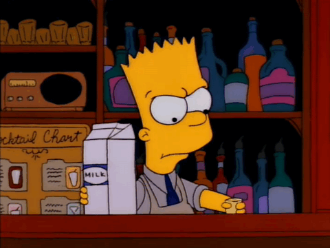 [image description: a looped gif from the simpsons of bart behind a bar, dressed like a bartender. h