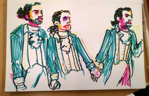 unhooking-the-stars:Lafayette, Laurens and Hamilton holding hands for @courf. they are all dtf, the 