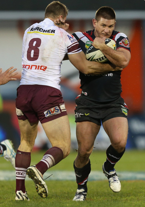 Shaun Johnson and Jacob Lillyman of the New Zealand Warriors