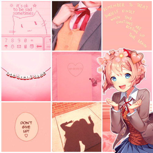 Sayori Moodboard ❱❱ in pink, with themes of depression, caring about her friends, and positivity ☆ M