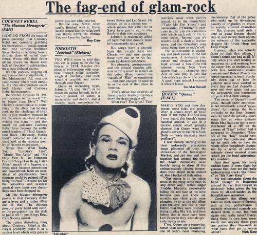 glamidols: Reviews of debut albums by Cockney Rebel, Jobriath and Queen which were released during t