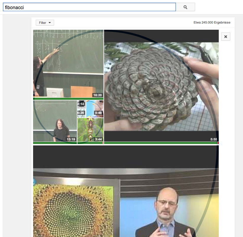 Youtube - When you do a youtube search for “fibonacci”, it shows the results in a fibonacci spiral layout.