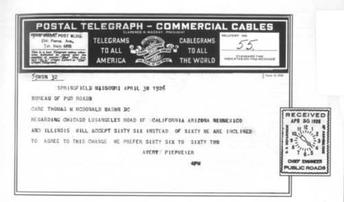 1926 telegram from B.H. Piepmeyer and Cyrus Avery, businessmen from Oklahoma and Missouri, to the U.