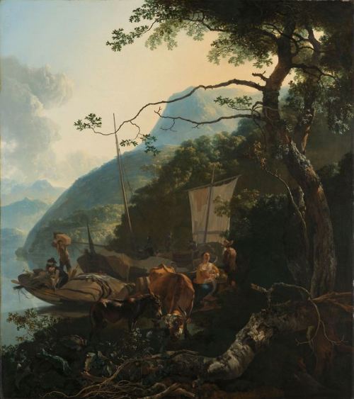 Adam Pijnacker, Boatmen Moored on the Shore of an Italian Lake, 1650 - 1670. Oil on canvas on panel,