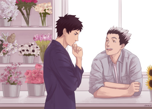 my gift for @nyreareh as part of the @haikyuuvalentines exchange!! bokuaka florist au, in which akaa