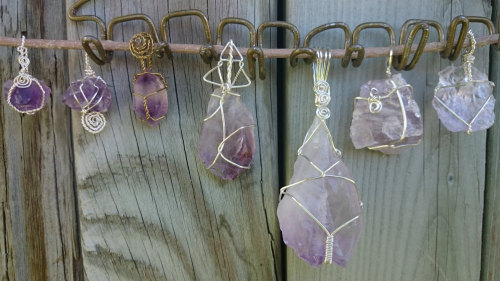 torhallatalaksdater: Amethyst Amulets wire wrapped in gold or silver toned wire