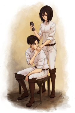 megillien:   Trust  So since Word of God has it that Levi cuts his own hair, here’s an illustrated headcanon of him asking Mikasa to do that for him for the first time. Complete with Humanity’s Strongest Dork trying to calm himself down, drawing strength