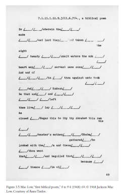visual-poetry:  »excerpt from 5 biblical poems« by mac low from the book »words to be looked at - language in 1960s art« (free download) (via text-mode) 