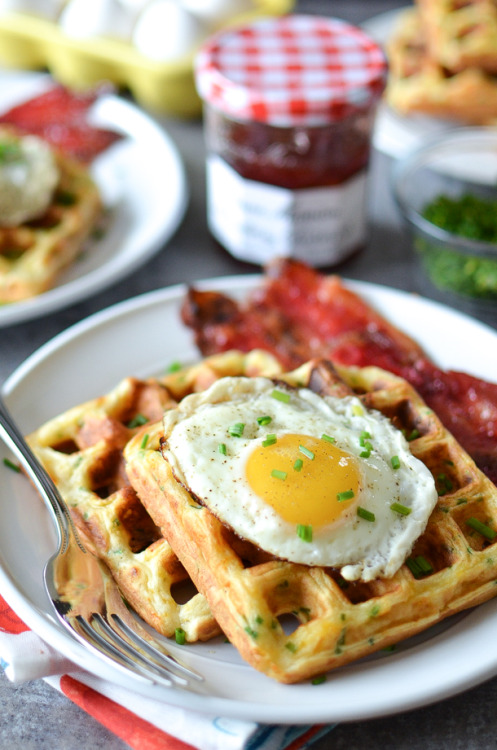 fattributes:  Cheddar Chive Waffles and Eggs with Strawberry Candied Bacon
