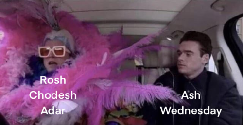 Since it’s a little hard to read: Two people in the back of a car. One is wearing multiple pink boas and enormous sunglasses. The other one is in all black looking confused. The one in pink boas is labeled “Rosh Chodesh adar” and the one in black is labeled “Ash Wednesday”