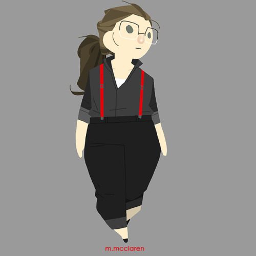 [Description: A cartoon of myself wearing dark jeans and a dark button up with red suspenders.]