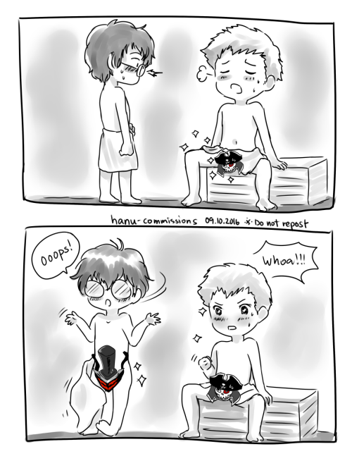 Ooops!Pego/Akira Kurusu/P5 Protag and Ryuji Sakamoto of Persona 5 flashing their goodies to each oth