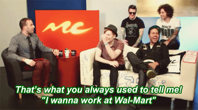 alymunster:  alyisdead: Before Fall Out Boy, what were your dream jobs?  reblogging myself because it always makes me laugh; Pete’s face when he remembers Patrick’s dream job, and Patrick is probably screaming bloody murder inside because Andy outted