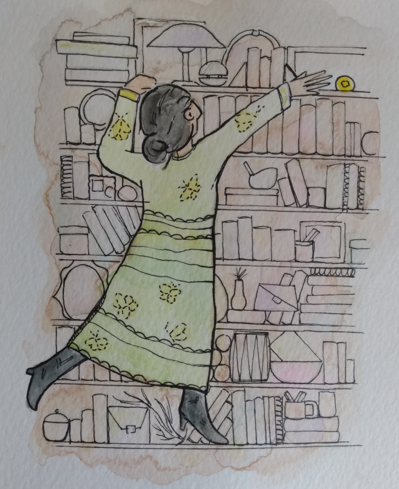 A woman in a green dresse decorated with butterflies precariously climbs a cluttered bookcase, reaching for something golden on top.