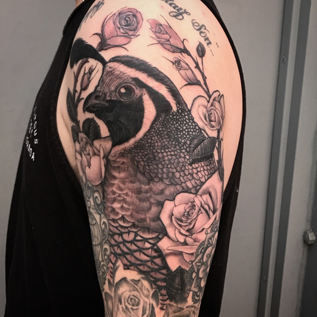 California quail and poppies done by Melanie Steinway at Kestral Tattoo in  Denver Colorado  rtattoos