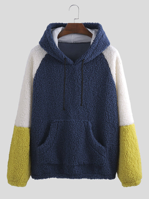 greatpuppyavenue: Patchwork Contrast Color Berber Fleece Thicken Drawstring Muff Pocket Hoodies CHER