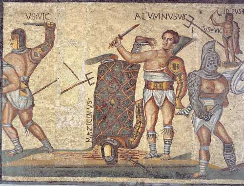 irefiordiligi:The Gladiator Mosaic, dated to the first half of the 4th century, Rome, Galleria Borgh