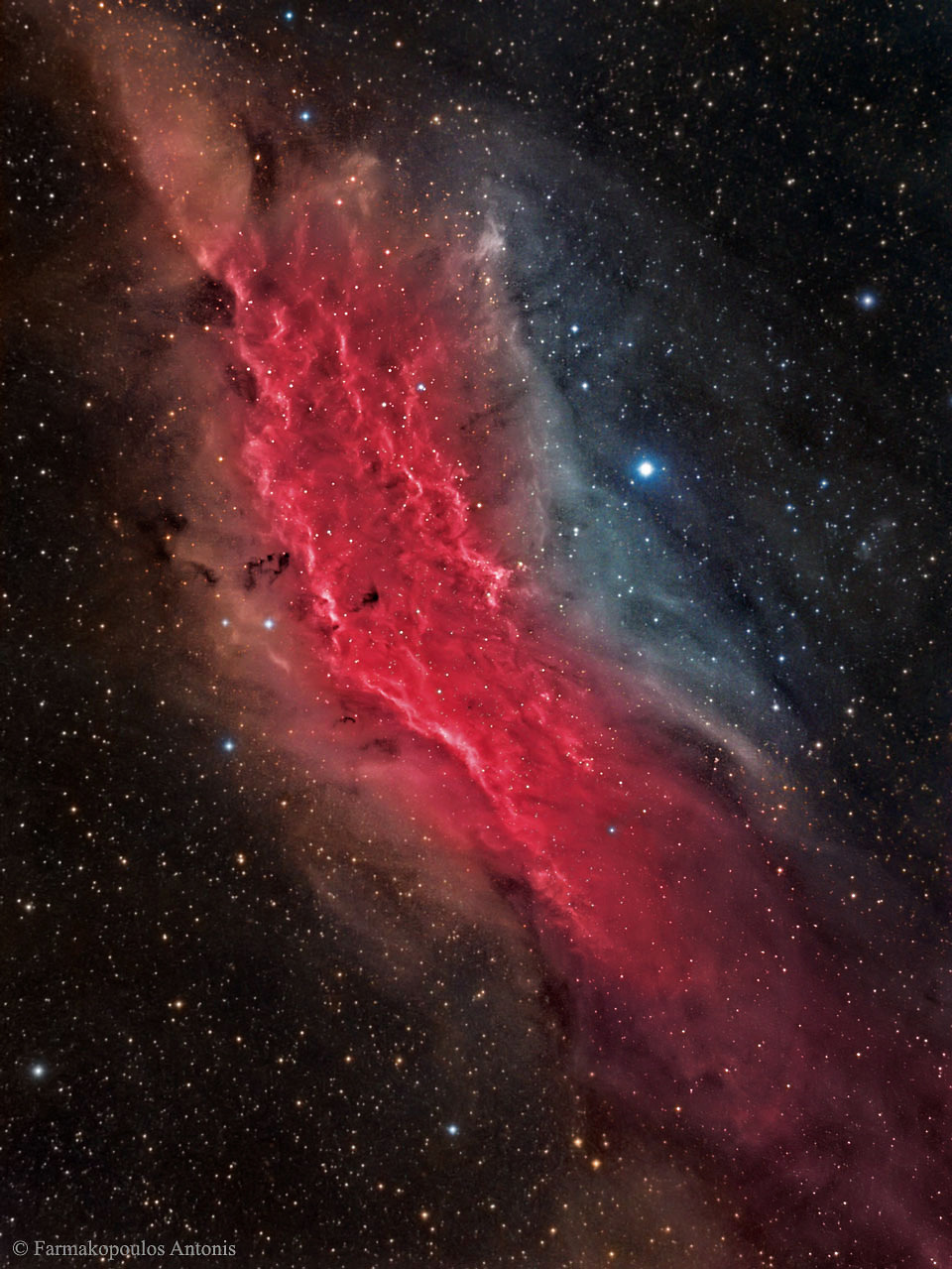 The California Nebula NGC 1499
A classic emission nebula around 100 light-years long. Drifting through the Orion Arm of the spiral Milky Way Galaxy, this cosmic cloud by chance echoes the outline of California on the west coast of the United States....