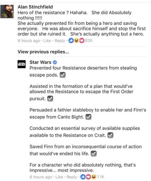 red-applesith: the-reylo-void: The official Star Wars FB will have none of your anti-Rose shenanigan