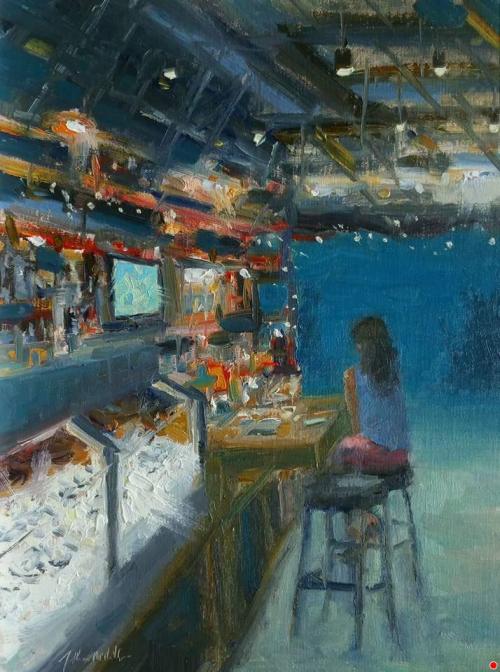 The Raw Bar  ‐  Jonathan McPhillipsAmerican,b.1971-Oil om linen covered panel, 12 x 9 in.