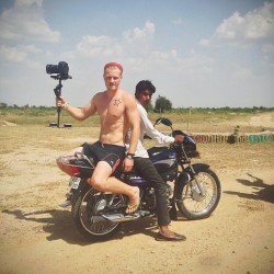 finnharries:  The awesome @mrbenbrown1 decided to hop on the back of a motorbike to film all three of our rickshaws driving down the Indian motorway! #rickshawrun2013
