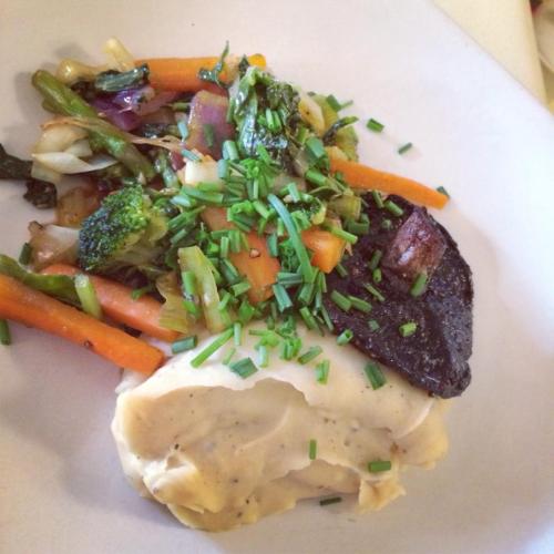 Super Saturday supper: mash, grilled giant marinated mushroom, sautéed kale, asparagus, carrots, and broccoli. YUM!