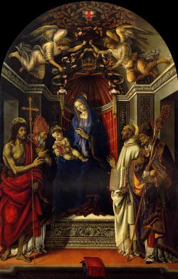   Virgin and Child with Saints John the Baptist, Victor, Bernard and Zenobius     ~Filippino Lippi     1486  Tempera on wood   355 x 225 cm    Galleria degli Uffizi , Florence, Tuscany, Italy   