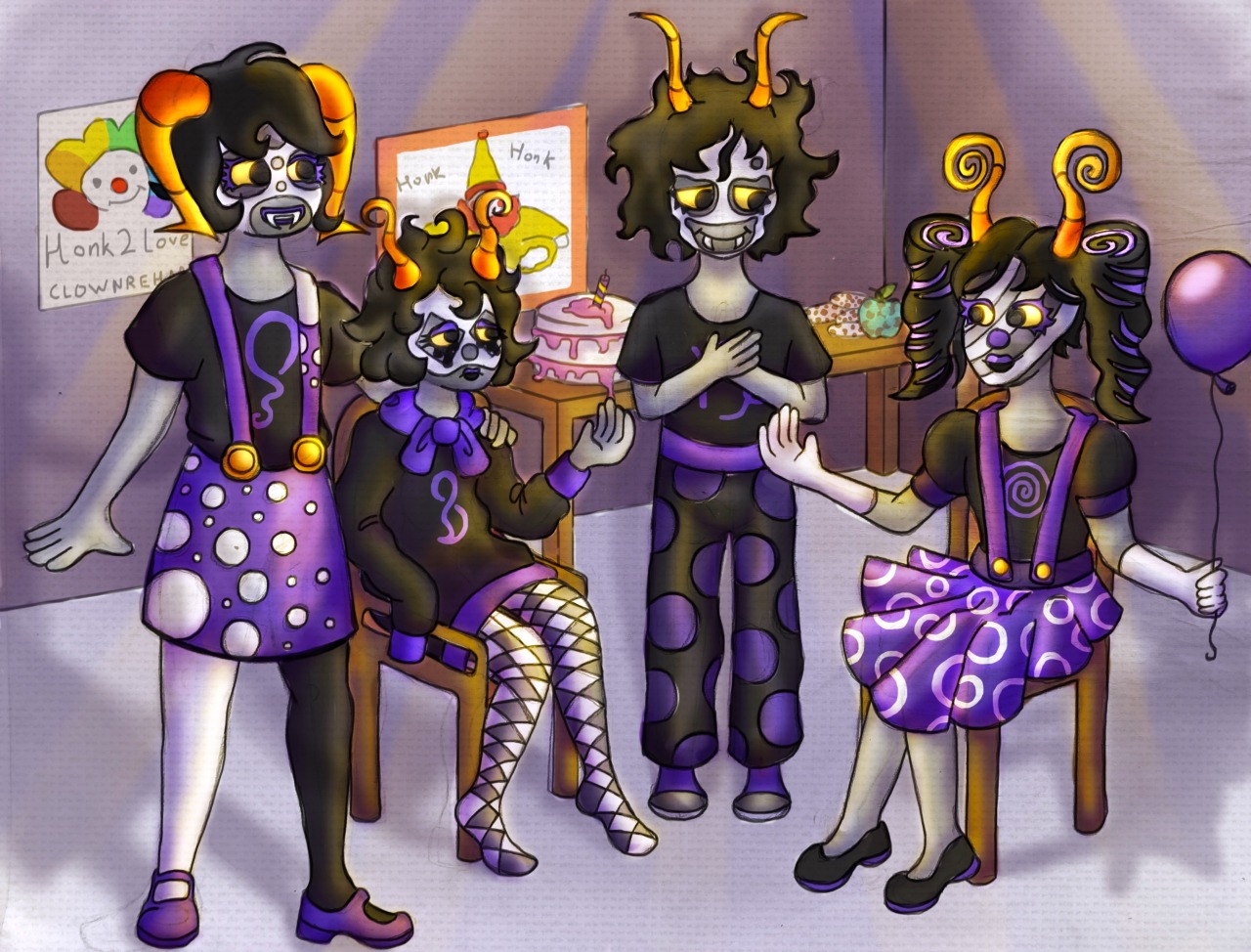 Welcome to clown rehab! Your group leader Gamzee will start the circle of grievances shortly.Oh, the joys of my hidden Homestuck folder. Every once in a while I rediscover it and go “ooh! art!”(Left to right: Edafia Algedi, Romery Misloc, Gamzee Makara, Erytha Alsort) #gamzee makara#homestuck#homestuck gamzee#gamzee homestuck#hs gamzee#hs ocs#homestuck oc#clown posting#clown art#homestuck fanart#homestuck ocs#gingermoth posts