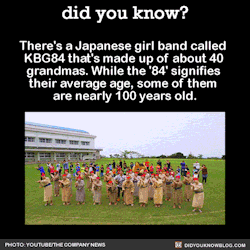 nathalorial:  shunthehexmage:  shoujotai:  did-you-kno:  There’s a Japanese girl band called  KBG84 that’s made up of about 40  grandmas. While the ‘84’ signifies  their average age, some of them  are nearly 100 years old.  Source    The fucking