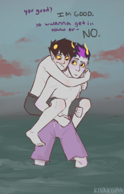 kivakivaa:   Remember when Eridan helped Karkat get over his fear of water and taught him to swim?   a lil something for the hswc bonus round uno at first karkat was going to have these ridiculous floaties but then i realised.. alternia probably wouldn’t