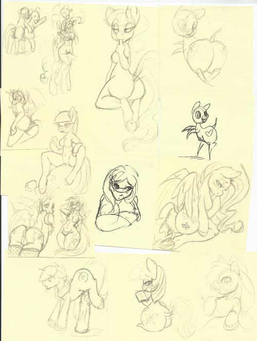 Quick sketch dump before the stream. This is all the doodling i do at work that you guys don’t get to see a lot of. Little bit of everyone up there. Maud, big mac, flutters, dashie….twi…. man… haha.