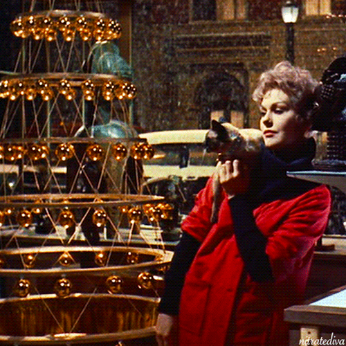 Kim Novak and Pyewacket in Bell, Book and Candle (1958). #1950s#kim novak #bell book and candle #richard quine#christmas#christmas film#cat gif#cat#classic film#classic movies#1950s style#glamour#christmas glamour#vintage christmas