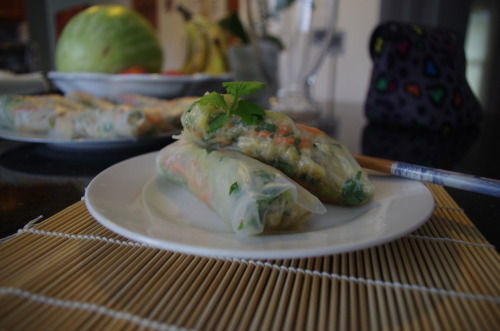 dinner carrot, cucumber, bean sprout, cilantro, green onion, and crab summer rolls these are amazing