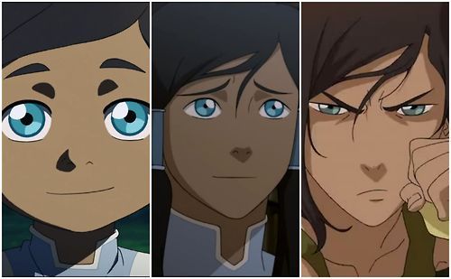 makofied:  i just had a sad thought about korra right now, take a look: (pictures source) as a kid: vibrant blue eyes. as a teenager: light blue eyes. as an adult: grayish blue eyes. it’s like the edge of her innocence and the fall. step-by-step, losing
