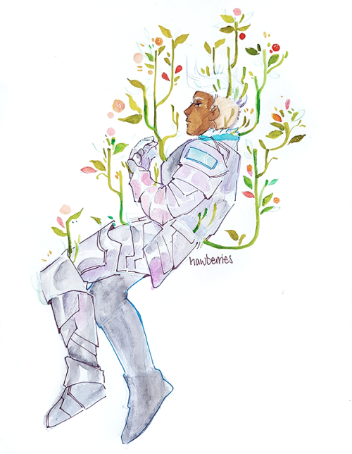 hawberries: but you’re still here. [image is a painting of dedue, floating pensively almost as if underwater, with vibrant, blooming plant life growing from every crack in his armour.] 