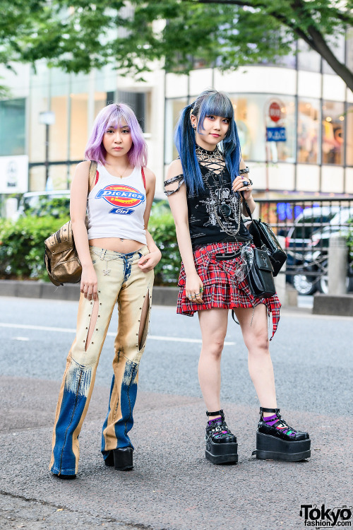 Gravure idol Ame and Japanese pop idol Roku on the street in Harajuku with colorful hairstyle and fa