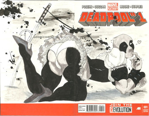 adamicoarts:  You know you’ve always needed this in your life.Deadpool-maid pinup on blank cover of Deadpool #1 comic.Marker and Ink, 3 hours.