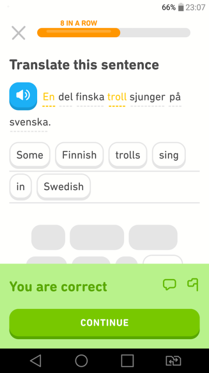 wtfduolingo:[Image transcription: “En del finska troll sjunger på svenska.” which 