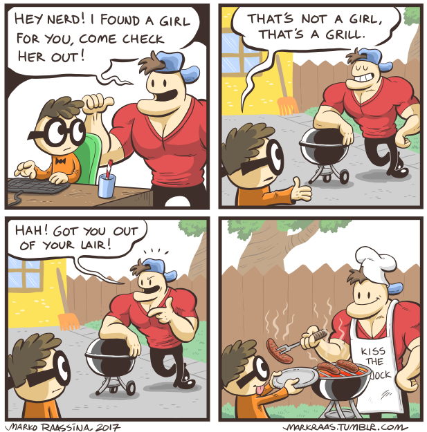 markraas:  Nerd and Jock episodes 1-4. I accidentally bumped into repost of my comics