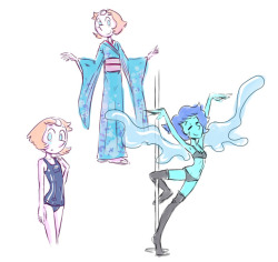 Here’s a few rough sketches I’ll try to polish up soon, including stripper Lapis and requests for kimono and school swimsuit Pearl