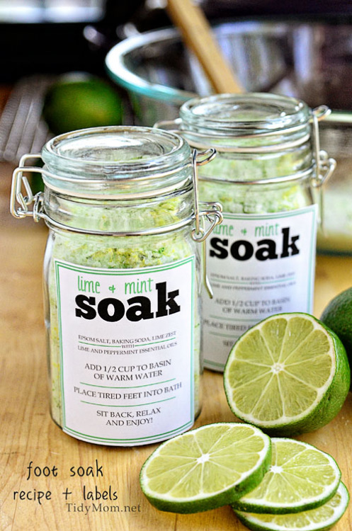 diychristmascrafts:DIY Lime and Mint Foot Soak Recipe and Label Printables from Tidy Mom here. Reall
