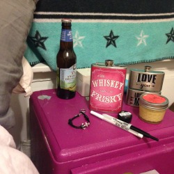 notquiteapinup:  Questionable things existing on my nightstand…  I swear, it’s just an unfortunately booze filled coincidence that this all collected there over the last week.