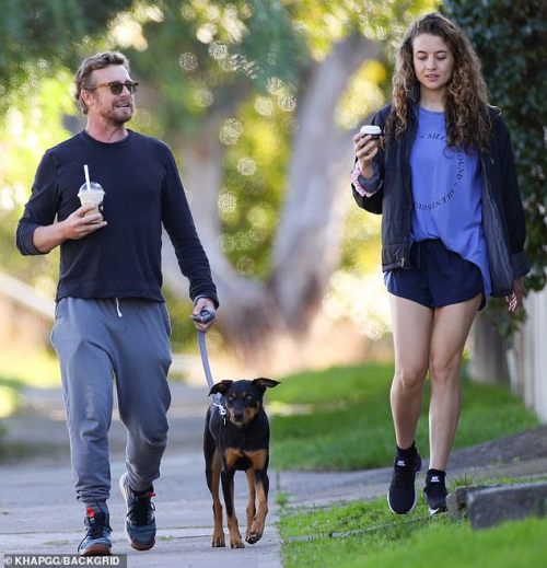 Simon with his daughter Stella walking his dog in Sydney, june 14 2020