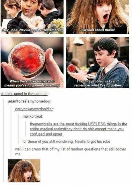 gaminginyourunderwear:  yaoiornah:  itsgeekyinhere:  Doing the do with you know who  The greatest mystery of all time solved…What Neville forget to remember in that scene.  All of this is important. 