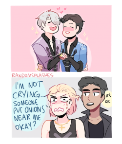 randomsplashes:  randomsplashes:headcanon: yurio gets super emotional of his dads getting married because he’s so proud of them even tho he denies it (it’s the damn onions ok) (redbubble stickers &amp; cases!) bonus: yuuri and victor are proud of