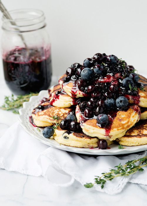 sometimeswecook:  Lemon Ricotta Thyme Pancakes with Blueberry Sauce 