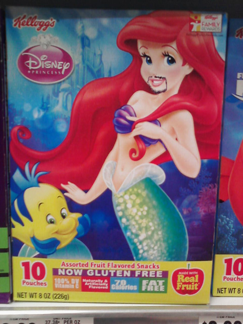 im laughing really hard, i was just at the grocery store in the fruit snack aisles and i looked at one of the boxes and SOMEONE DREW A BEARD ON ARIEL LMFAO 