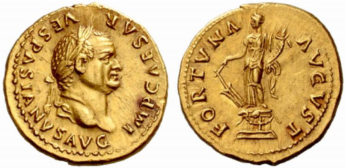 Aureus of the Emperor Vespasian (r. 69-79 CE), with his portrait on the obverse, and the goddess For
