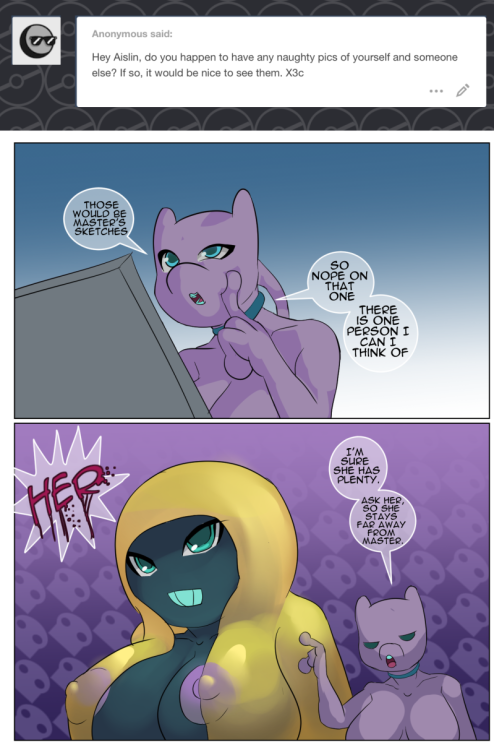 aislin-the-mewtwo:  Aislin: Neve has some bad habits…. nothing harmful… just some nymphomania.    An old ask that that was received when the askblog started up, it was also the time where everything bad happened. Had to stop at the lineart, so I just