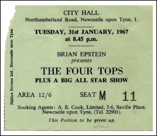 Ticket stub for the Four Tops’ 1967 concert at Newcastle’s City Hall.